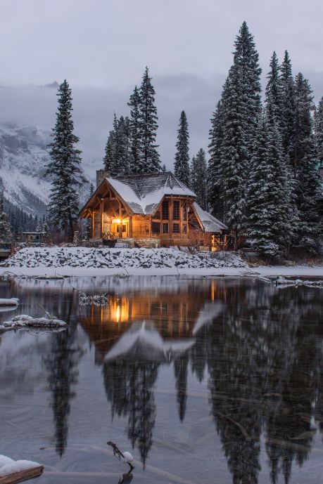 خانه ای چوبی در کنار درختان کاج برف پوشیده در غروب زمستان 1