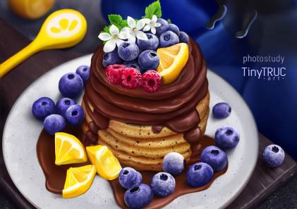 Pancake Chocolate Blueberry Berry عکس غذایی کوچک  بارگیری تصویر زمینه هات کیک در رایانه رومیزی ، تبلت 1