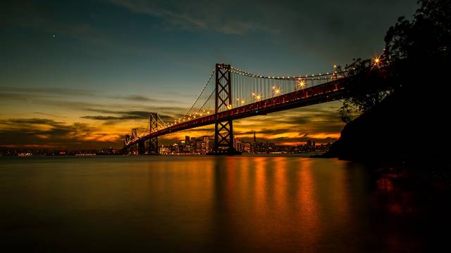طلوع و غروب آفتاب Bridges USA Bay Bridge سان فرانسیسکو عکس شهرها  طلوع و غروب خورشید ، بارگیری تصویر زمینه پل روی رایانه رومیزی ، تبلت 1