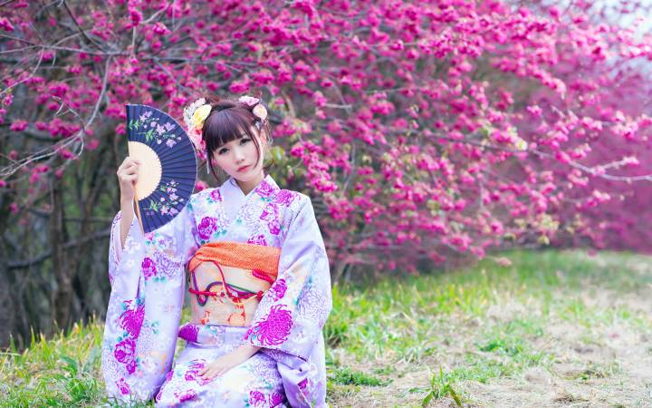 درختان گلدار ژاپنی آسیایی بوکه کیمونو قهوه ای موی طرفدار دست نگاه دختران عکس  زن جوان ، زن ، آسیایی ، خیره ، تاری تصویر پس زمینه بارگیری تصویر بر روی رایانه رومیزی ، قرص 1