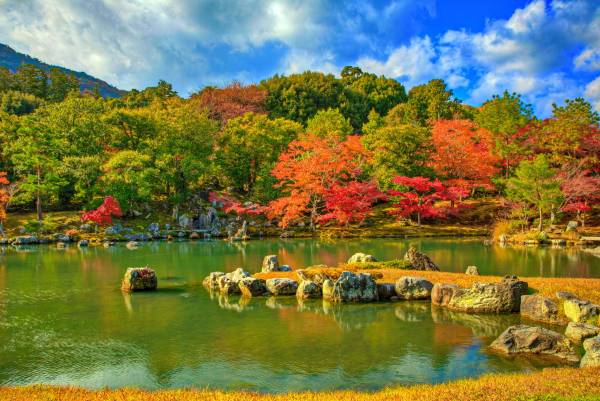 پارک های کیوتو ژاپن حوض پاییز سنگ های معبد تنوریوجی پارک های HDR درختان عکس طبیعت  پارک ، سنگ ، تصویر زمینه HDRI 1