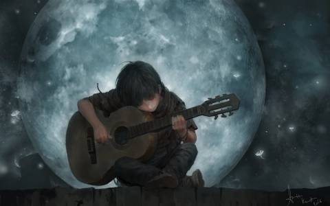 پسر کوچک در شب ماه کامل و بازی تصاویر پس زمینه گیتار 1