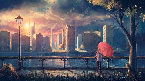 تصویر زمینه زیبا از دختری با چتر در هوای بارانی شهر 1